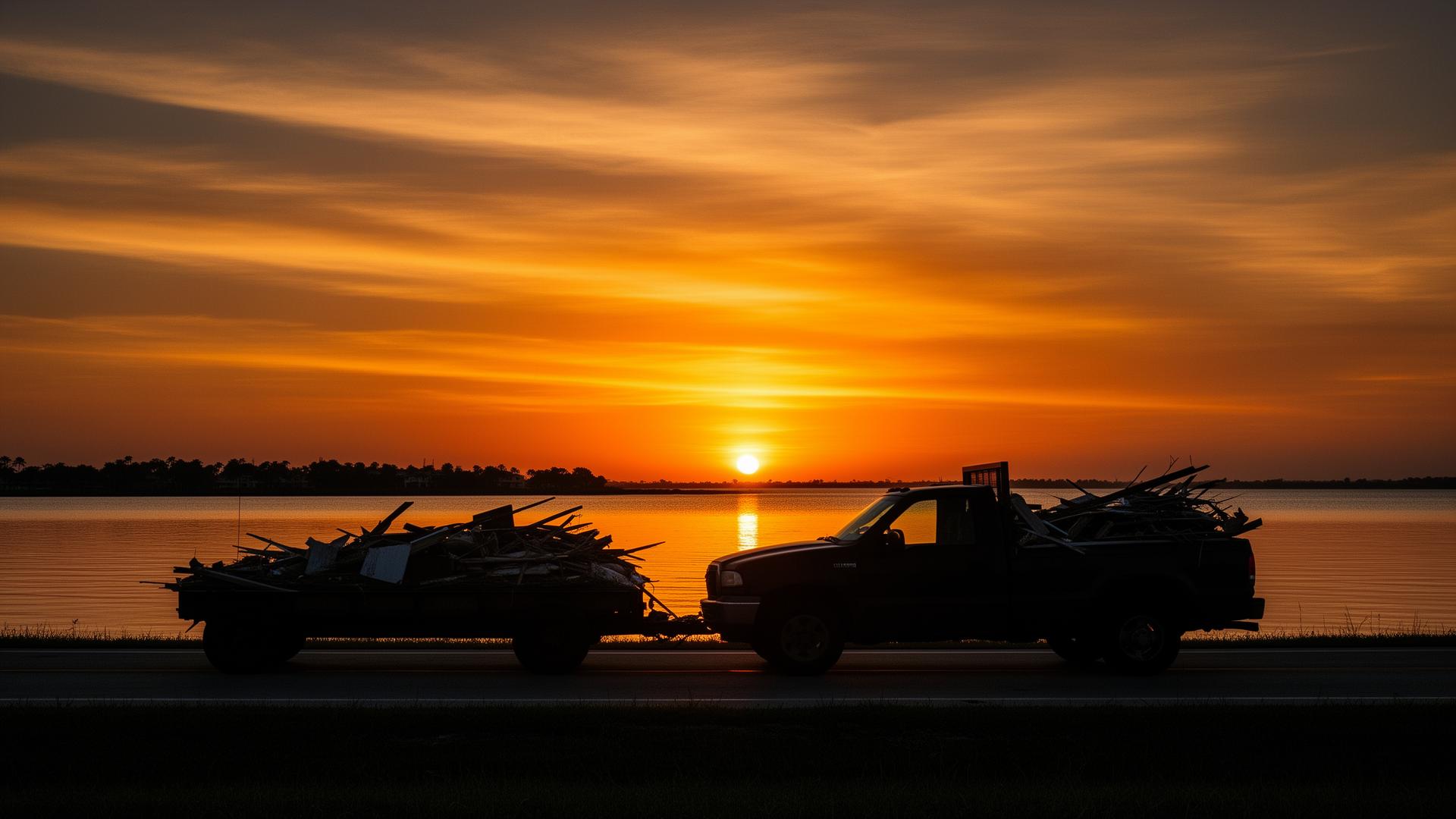 Tampa Bay sunset with hauling truck silhouette
